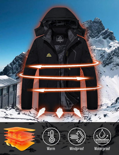 Outdoor Skijacke mit Fleecefutter und abnehmbarer Kapuze - Schwarz