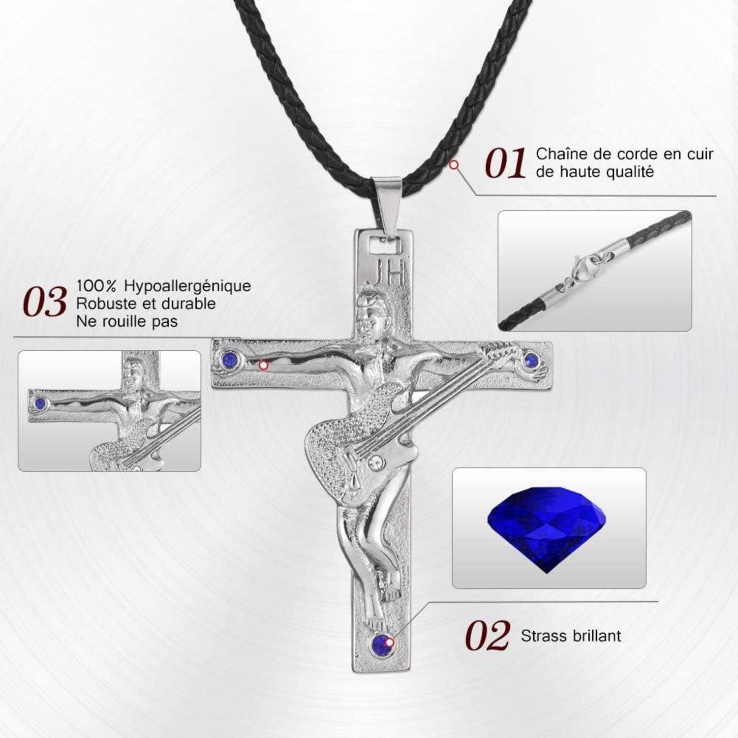 AFSTALR Johnny Hallyday Halskette Silber Edelstahl Gitarrenkreuz Anhänger Fan Andenken JH Signature Designs