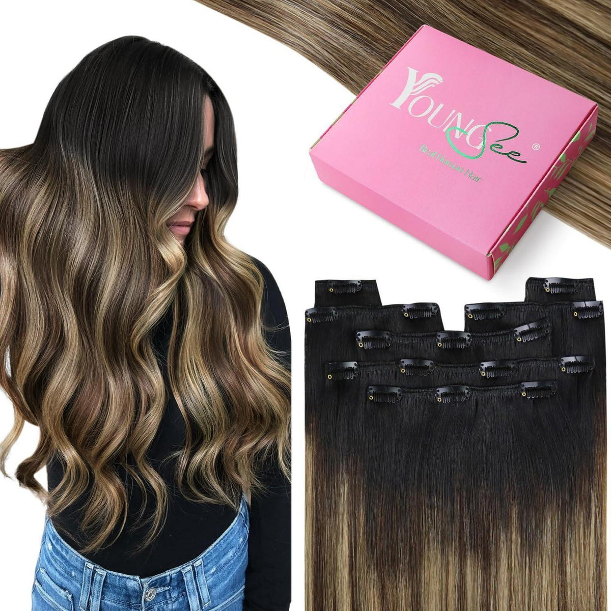Clip-in Echthaar Extensions Balayage Schwarz-Braun-Blond