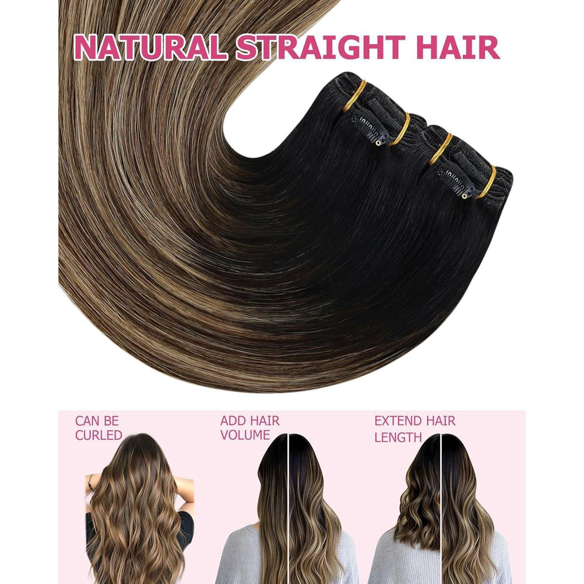 Clip-in Echthaar Extensions Balayage Schwarz-Braun-Blond