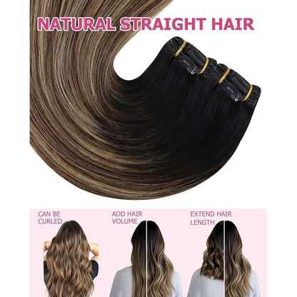 Clip-in Echthaar Extensions Balayage Schwarz-Braun-Blond