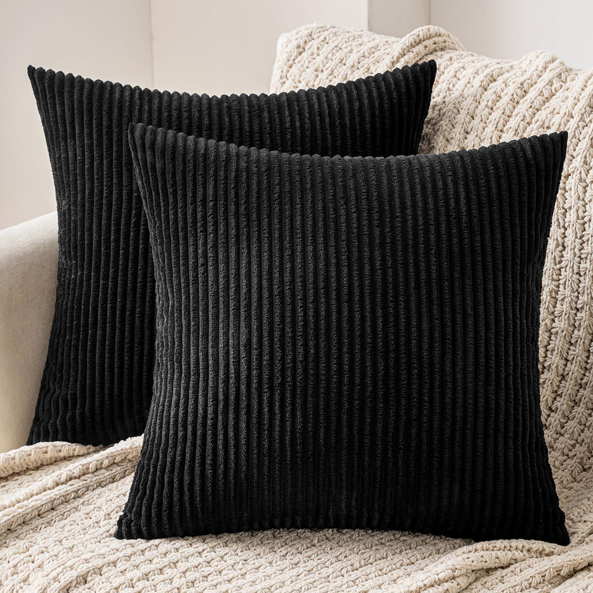 2er Set Kissenbezüge 45x45 cm Schwarz mit Verstecktem Reißverschluss