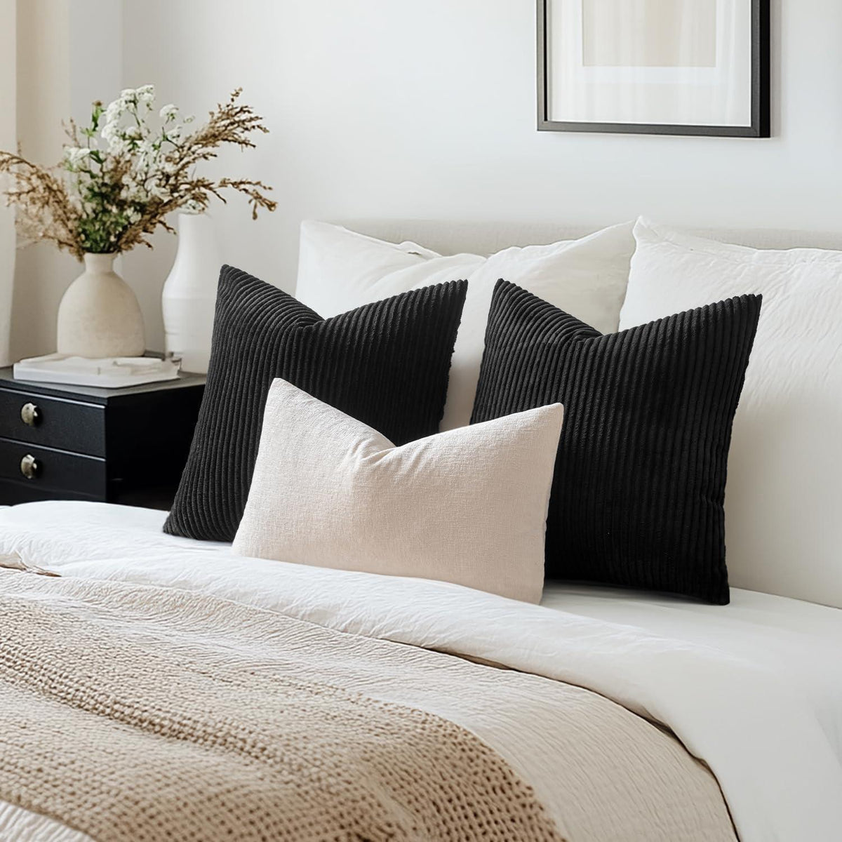 2er Set Kissenbezüge 45x45 cm Schwarz mit Verstecktem Reißverschluss
