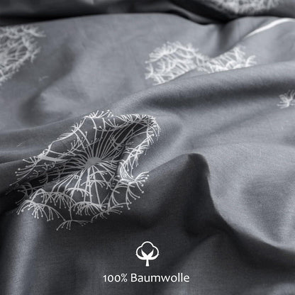 Bettwäsche 135x200 Grau Weiß Pusteblume Muster Baumwolle 2tlg. Set