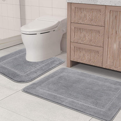 Badematten und WC Vorleger Set 53x86cm & 50x50cm Grau - Weiche Microfaser, rutschfest, waschbar