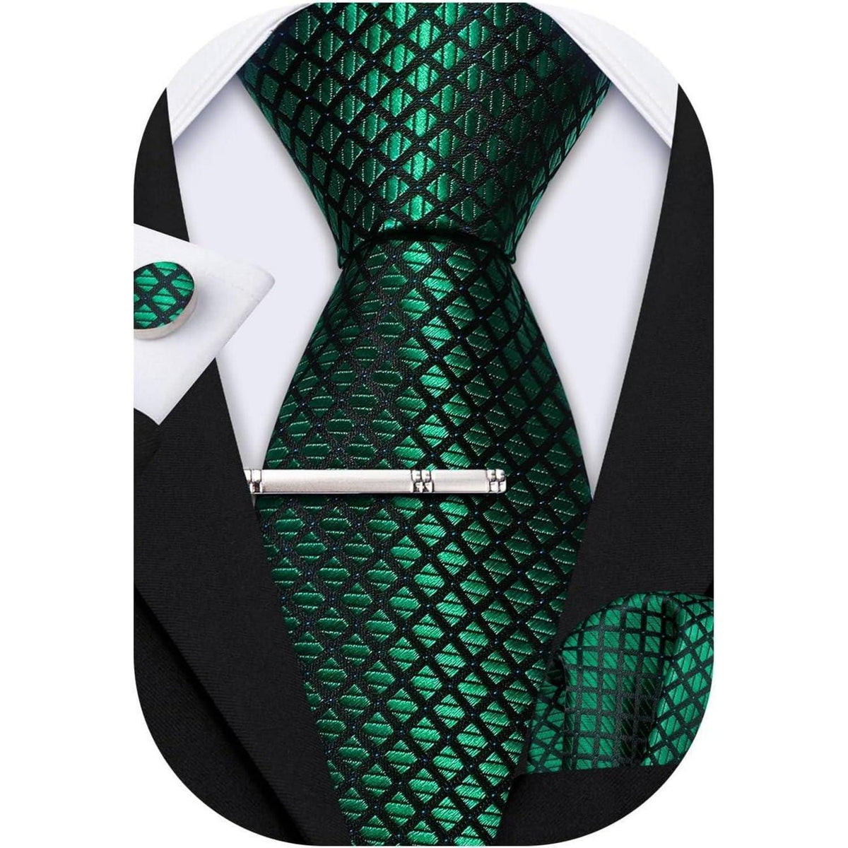 Herren Krawatten Set Seide Paisley mit Einstecktuch & Manschettenknöpfen Grün
