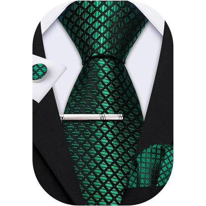 Herren Krawatten Set Seide Paisley mit Einstecktuch & Manschettenknöpfen Grün