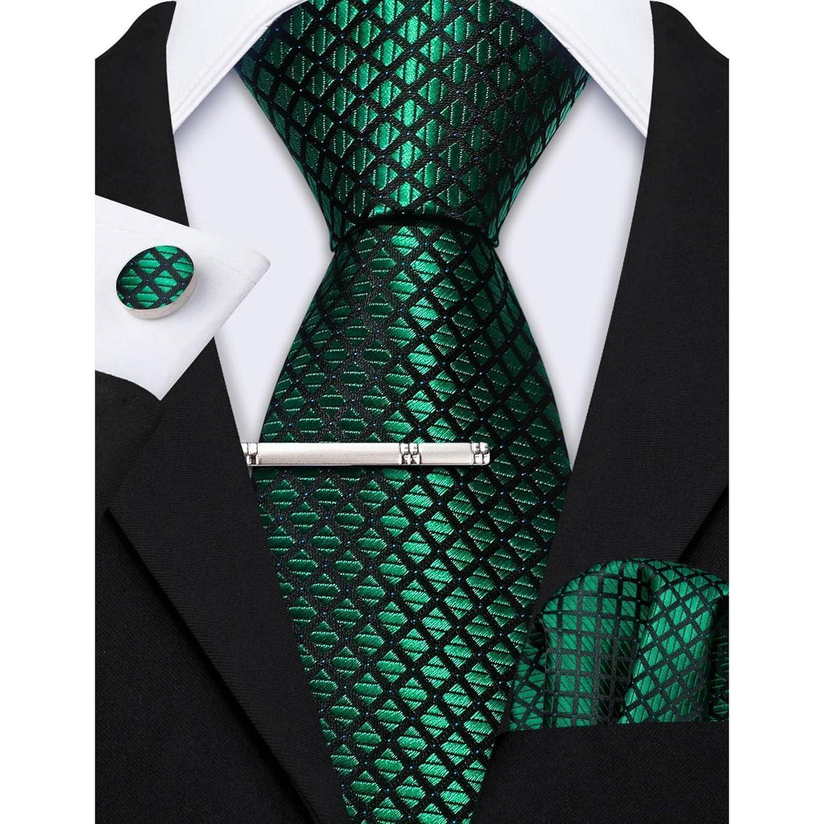 Herren Krawatten Set Seide Paisley mit Einstecktuch & Manschettenknöpfen Grün