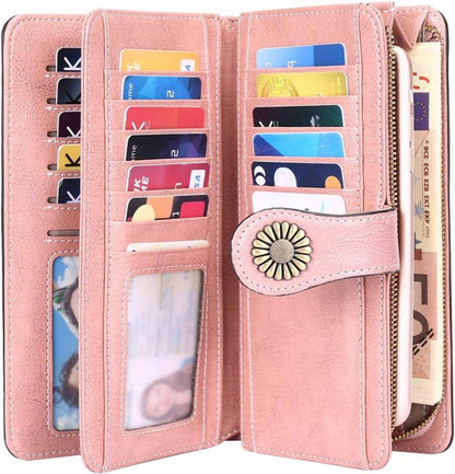 TEUEN RFID Damen Geldbörse Leder Groß Lang Pink 24