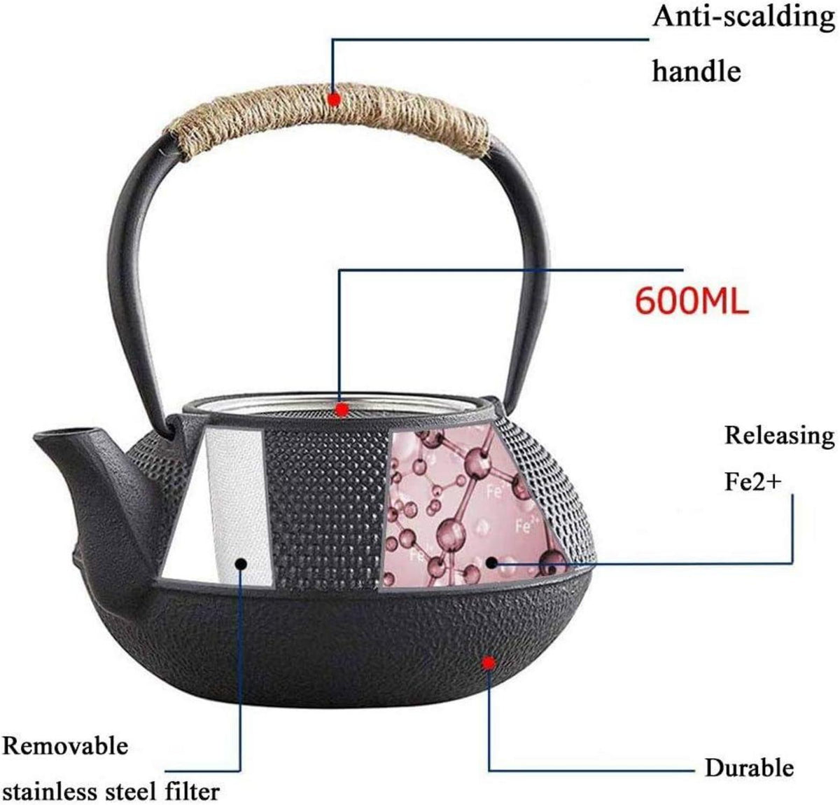 Gusseiserne Teekanne mit Edelstahl Siebeinsatz 600ml Schwarz