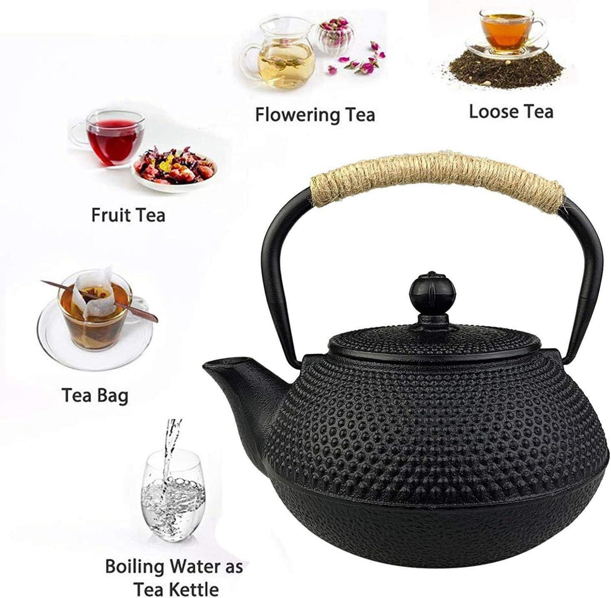 Webao Gusseiserne Teekanne Japanischer Stil Edelstahl Sieb Schwarz 600ml