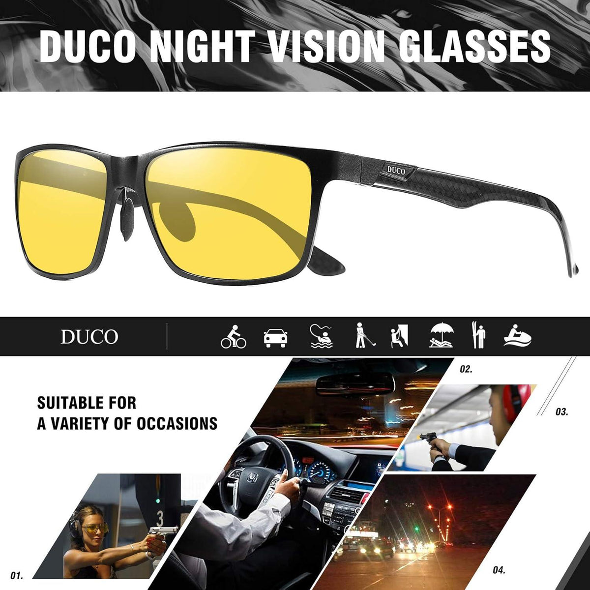 Nachtfahrbrille mit Kohlefaser Rahmen, Polarisierte Gelbe HD-TAC-Linse