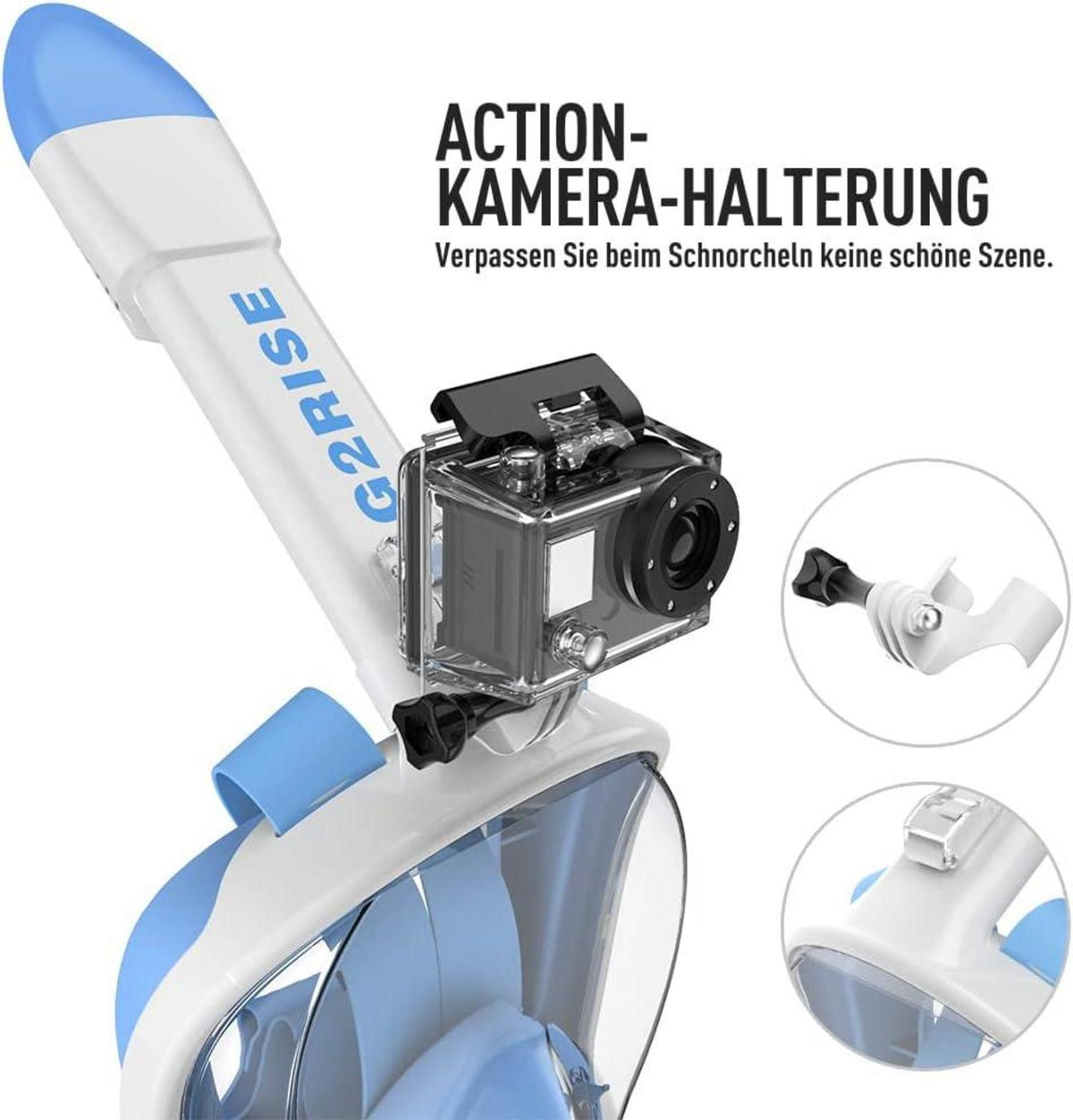 G2RISE® Faltbare Schnorchelmaske CO2-sicher mit Kameraposition S/M Weiß Blau