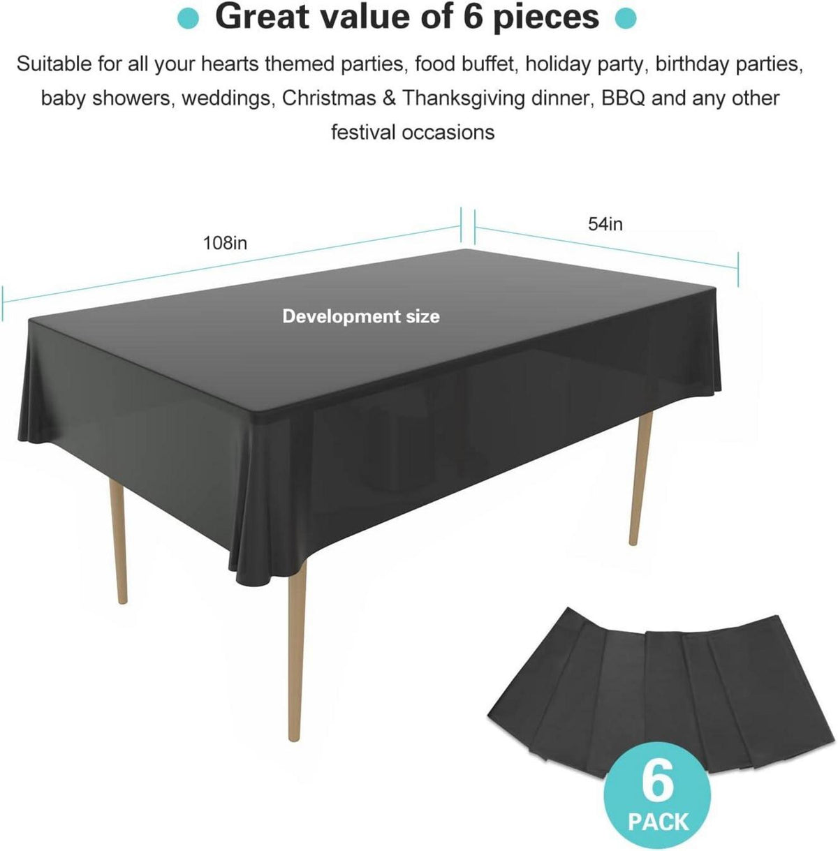 Einweg Tischdecke Kunststoff 137x274 cm Schwarz 6er Pack