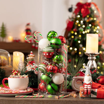 24 Weihnachtskugeln Elfe 6 cm Rot Grün Weiß bruchsicher festlicher Christbaumschmuck