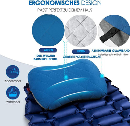 HIKENTURE Aufblasbares Camping Kissen Ergonomisches Nackenkissen Blau
