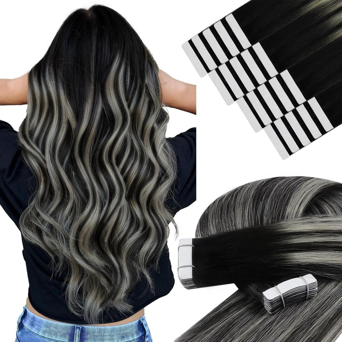 Silberne Echthaar Tape Extensions - Ombre Schwarz Silber 35cm
