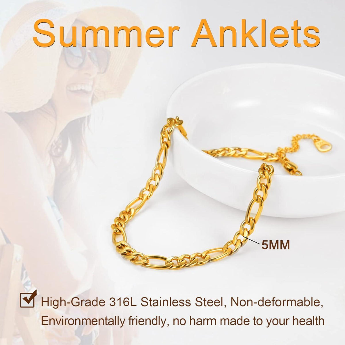 U7 Damen Figarokette Fußkettchen Armband Gold 5mm Modeschmuck