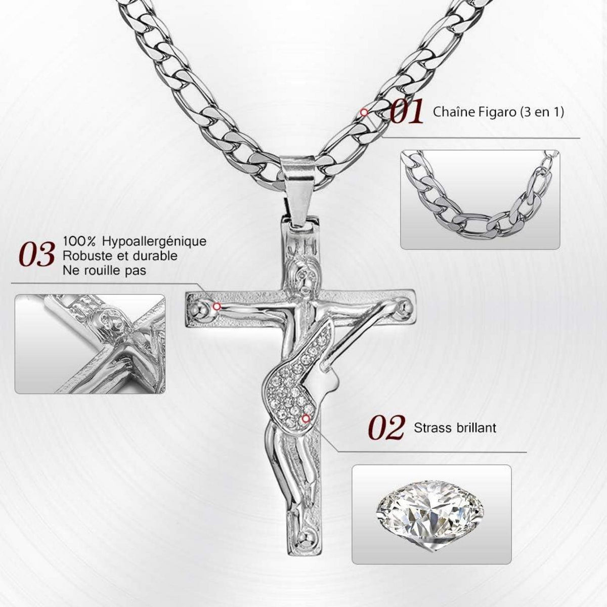 Kreuz Johnny Hallyday Anhänger Halskette Silber Gitarre