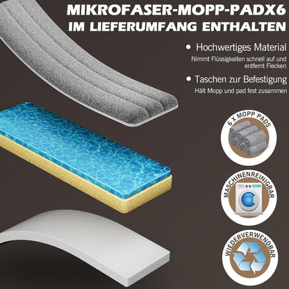 Wischmopp Set mit Eimer, Edelstahlgriff & 6 Mikrofaser Moppkopf