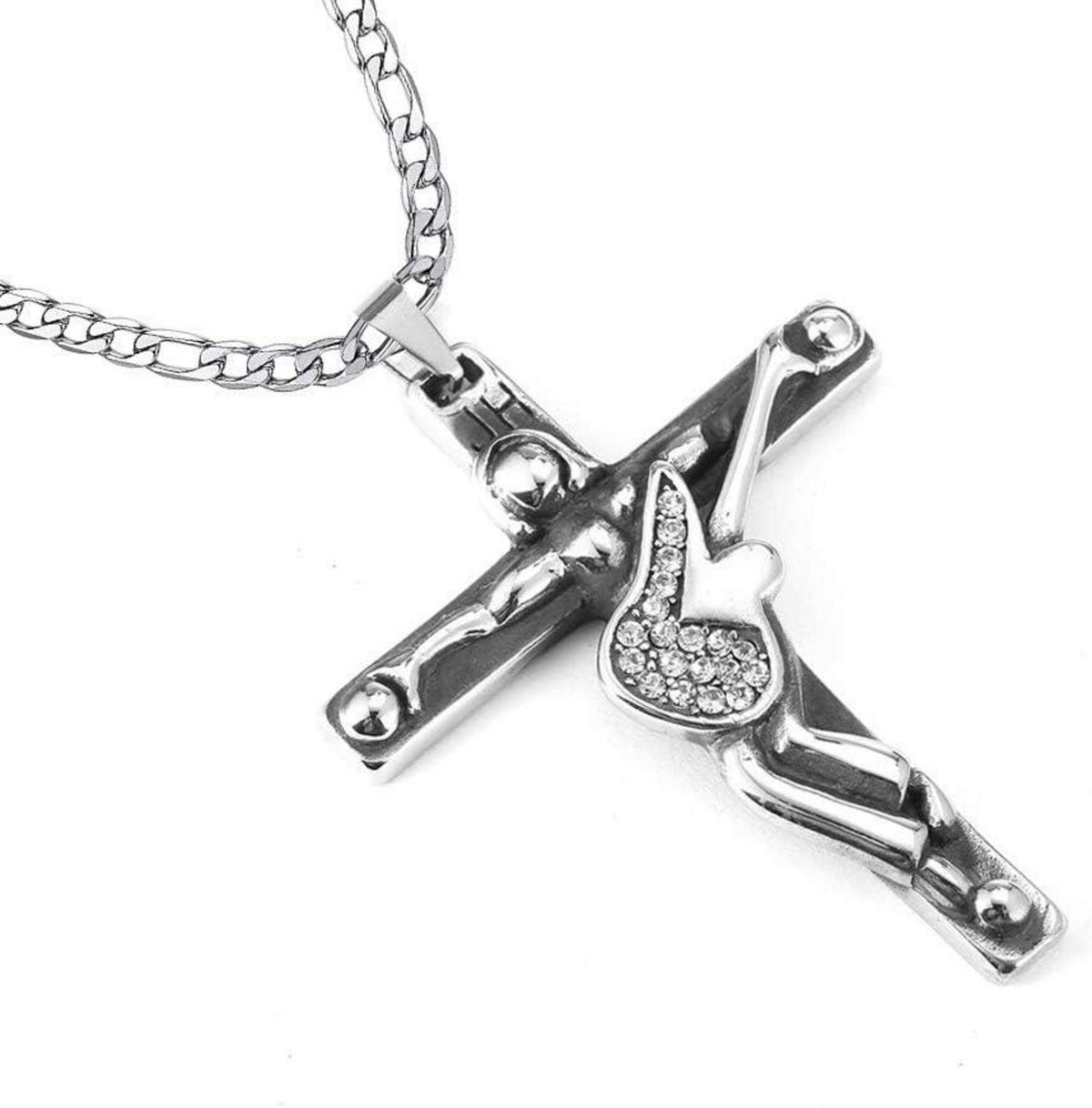Johnny Hallyday Kreuz Anhänger Halskette Gitarre Rocker Silber 60cm