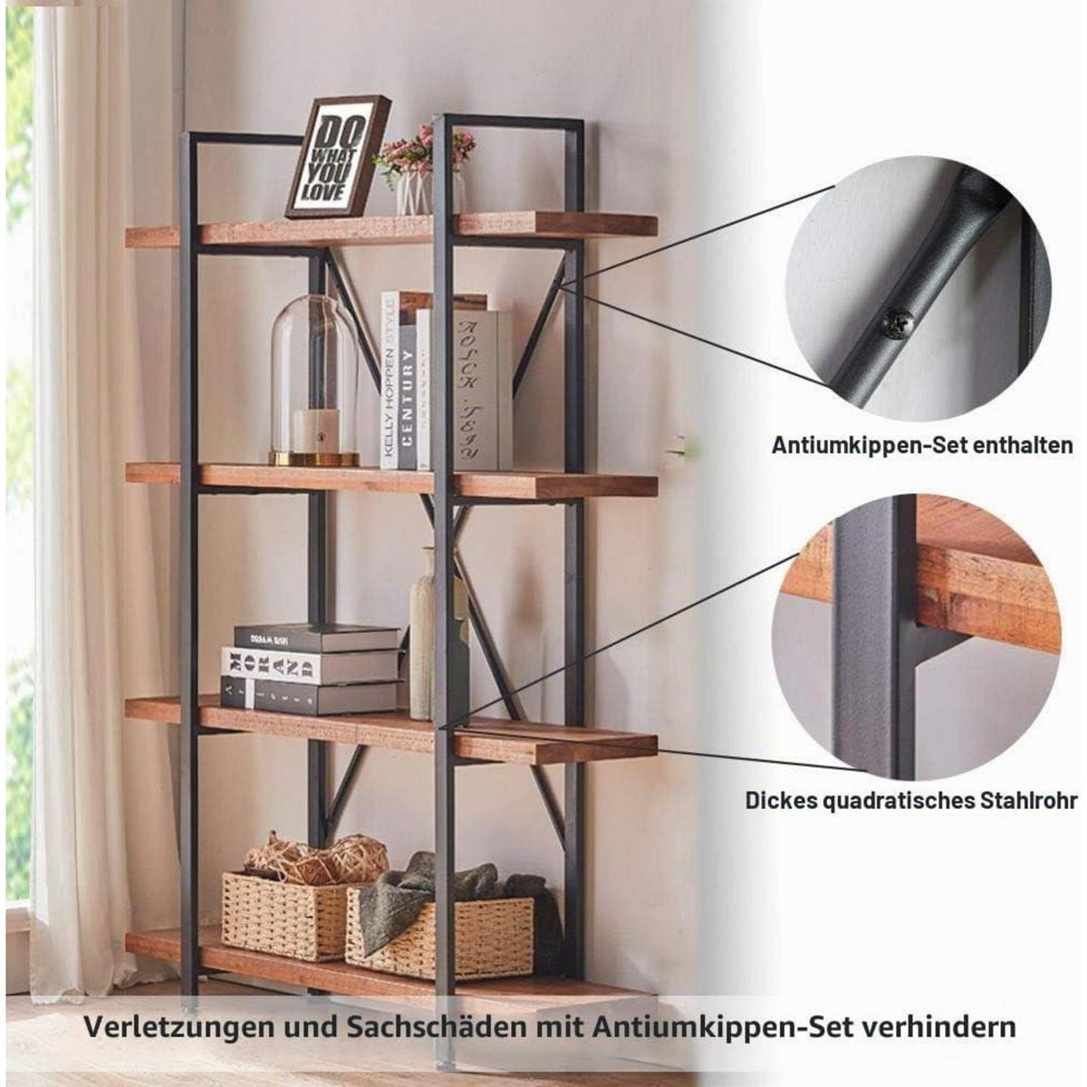 Massivholz Bücherregal mit Metallrahmen – Rustikales Standregal