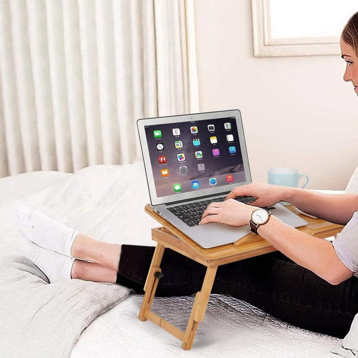 Laptoptisch Bambus höhenverstellbar faltbar 4 Neigungsstufen Schublade