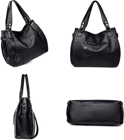 Damen Handtasche Kris Anna Schwarz Hochwertige PU-Leder Stickerei Henkeltasche