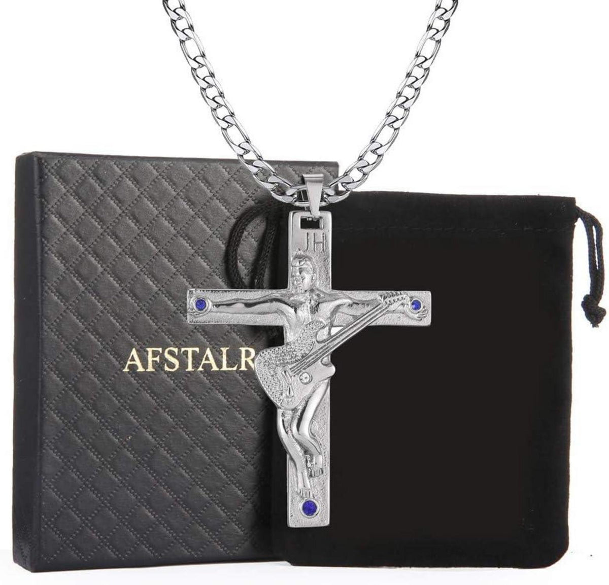 Johnny Hallyday Kreuz Anhänger Halskette Gitarre Rocker Silber Signed