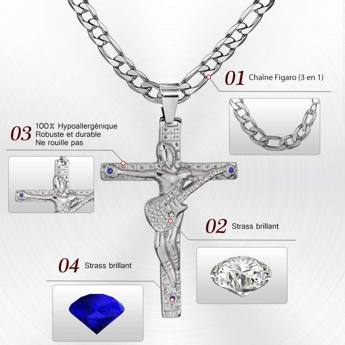 Johnny Hallyday Kreuz Anhänger Halskette Kette Silber Damen