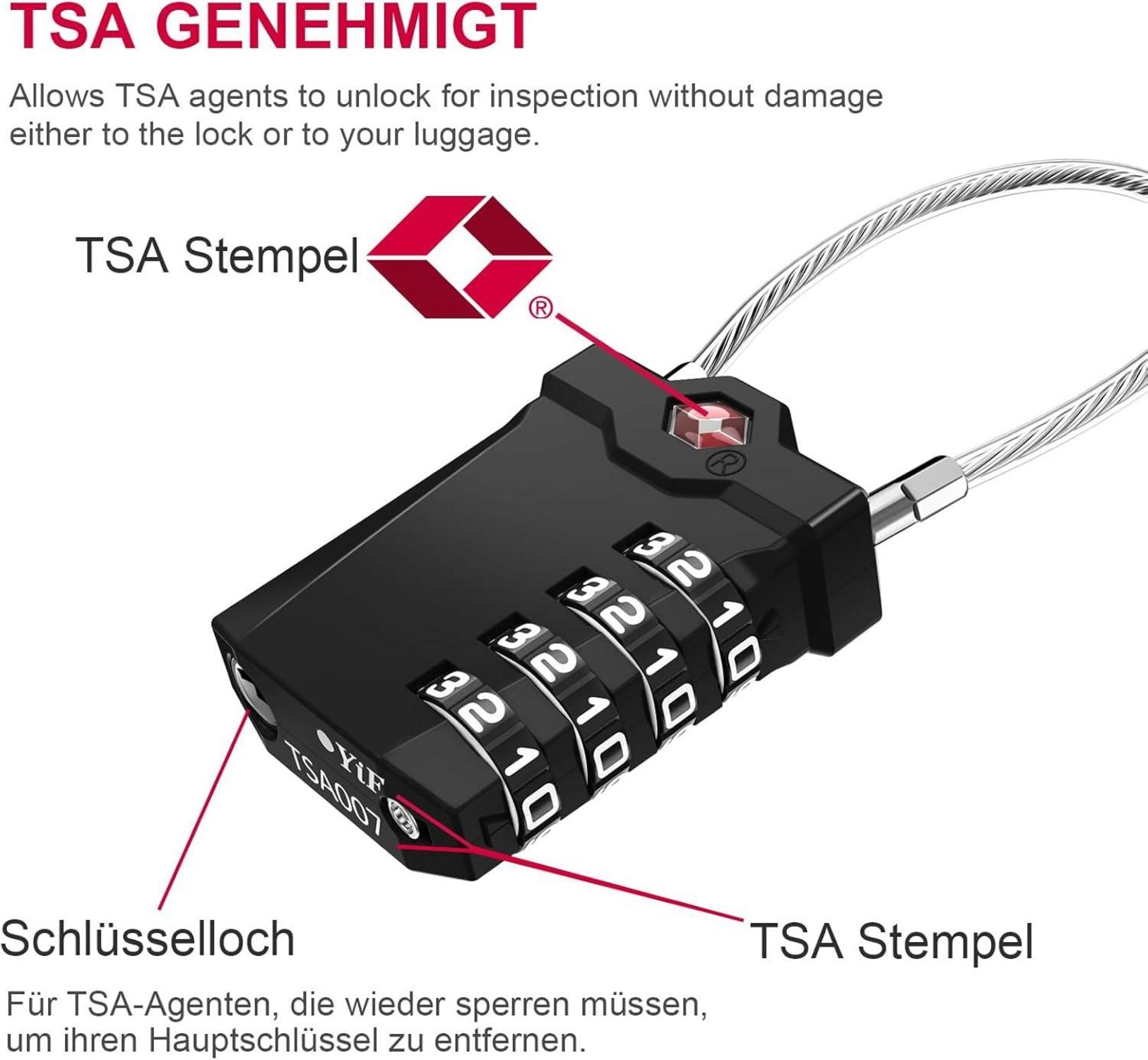 TSA Gepäckschloss 4 Stellig Schwarz 2 Stücke