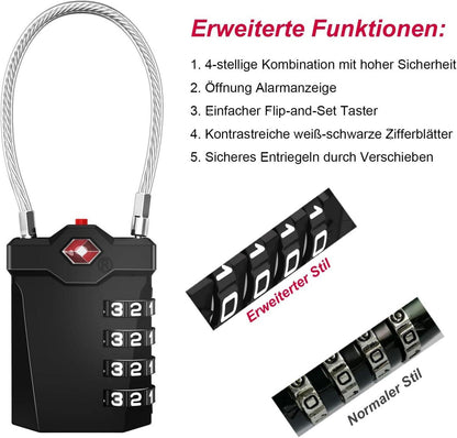 TSA Gepäckschloss 4 Stellig Vorhängeschloss Schwarz 2 Stücke