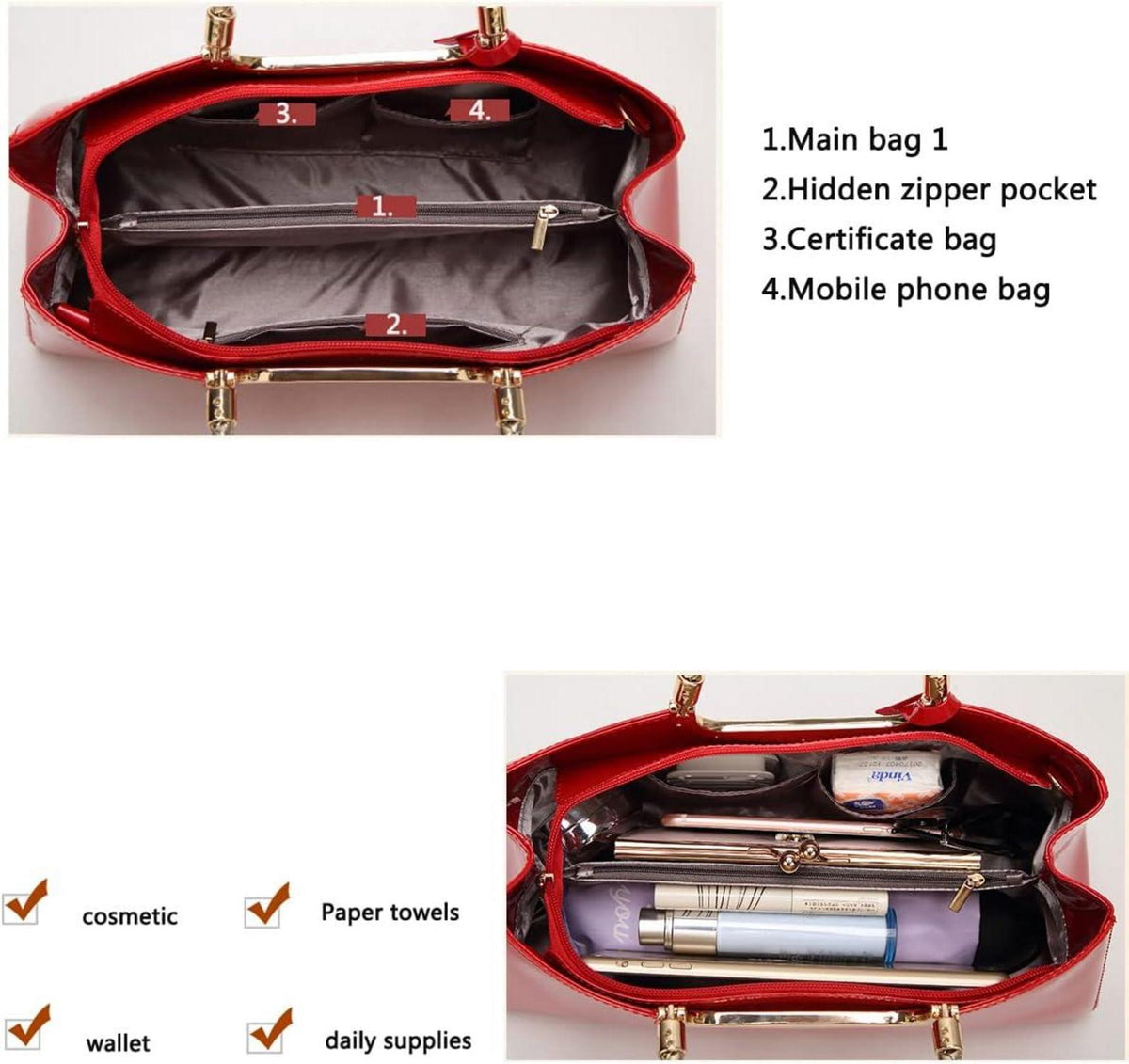 Damen Handtasche PU-Lackleder Henkeltasche Abendtasche Hochzeit_rot
