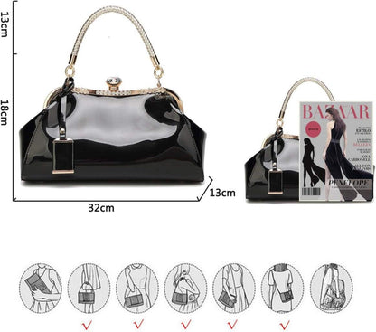 Schwarze Damen Handtasche PU-Lack Henkeltasche Schultertasche Hochzeit
