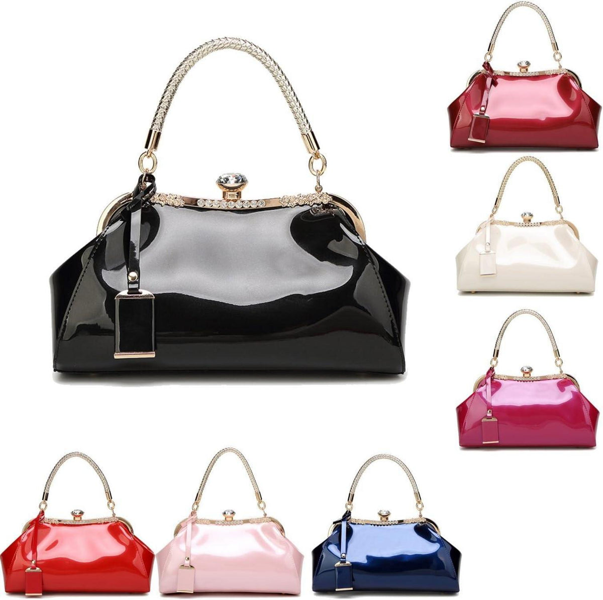 Schwarze Damen Handtasche PU-Lack Henkeltasche Schultertasche Hochzeit