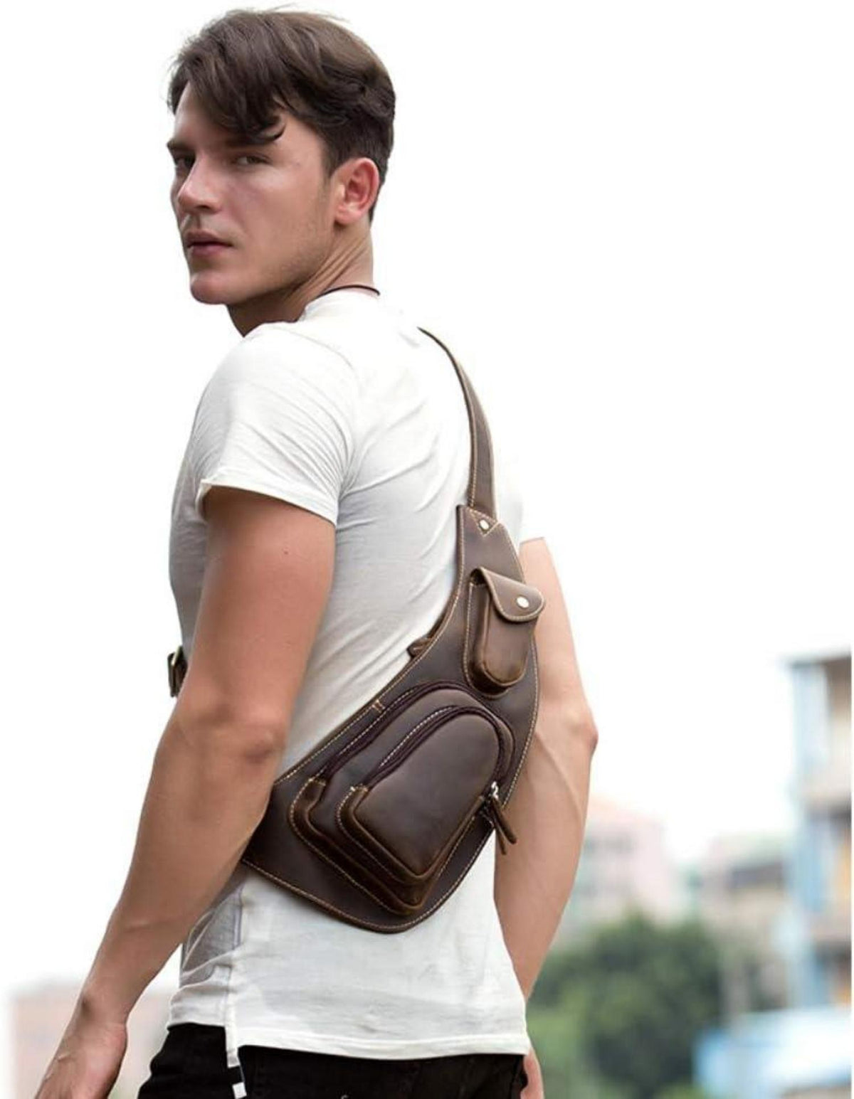 Echtes Rindsleder Brusttasche Crossbody Vintage Look Braun