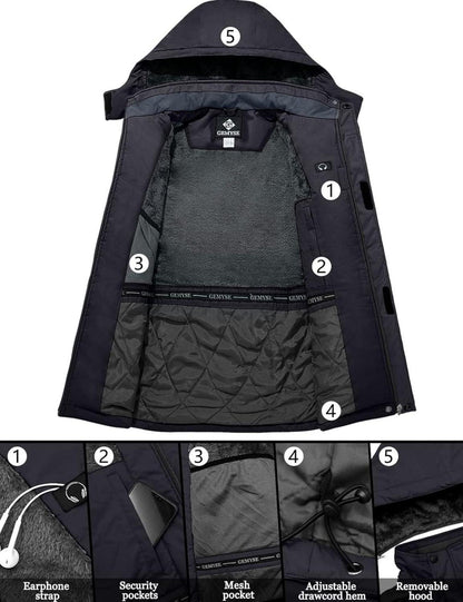 GEMYSE Herren Winterjacke Winddicht Fleece Skijacke Wasserdicht Schwarz S