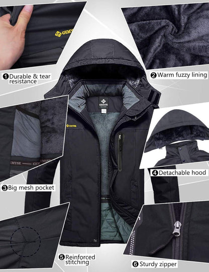 GEMYSE Herren Winterjacke Winddicht Fleece Skijacke Wasserdicht Schwarz S