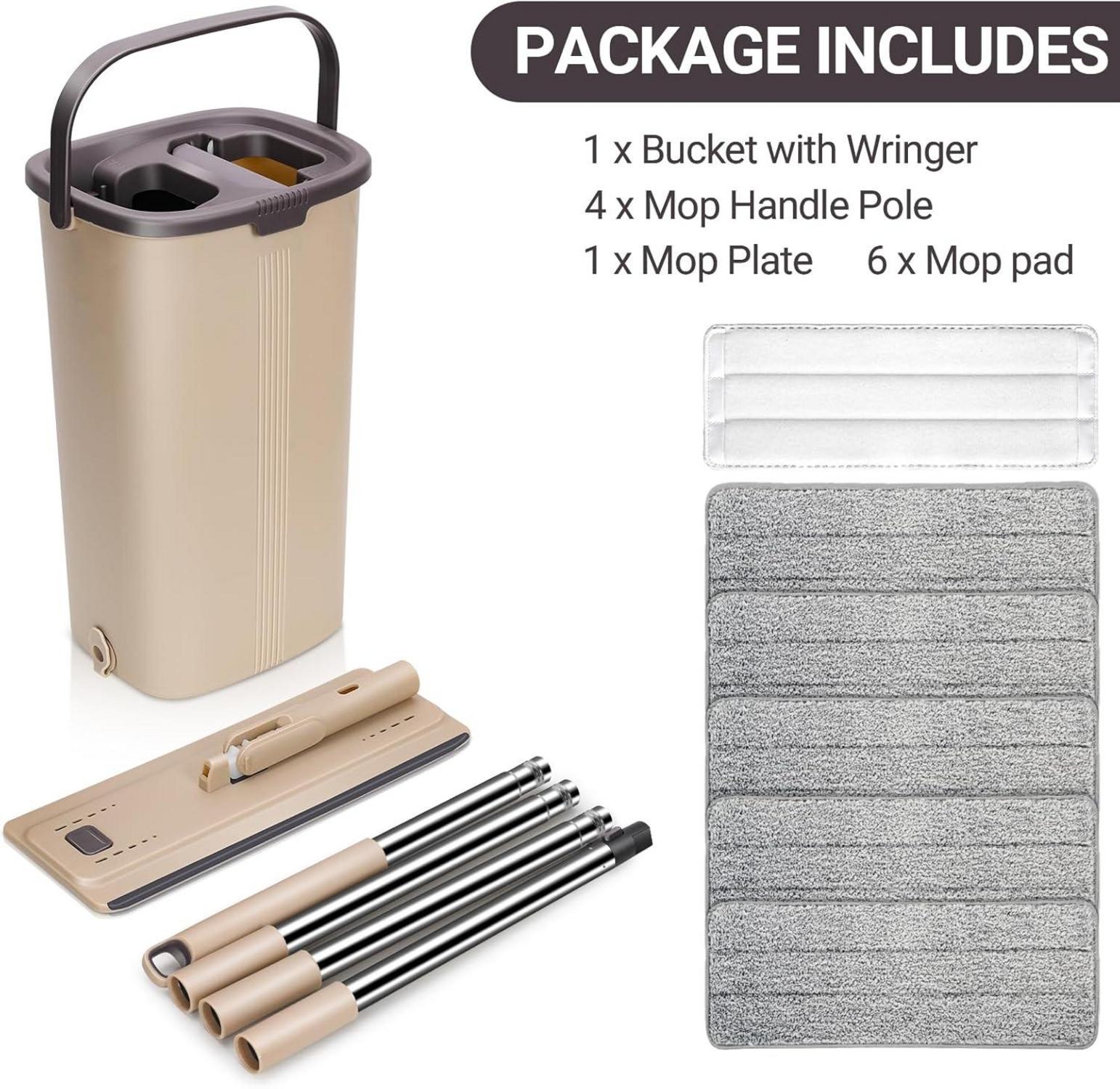 Bodenwischer Set mit Eimer & 6 Mikrofaser-Pads - Wischmopp für Hartholz