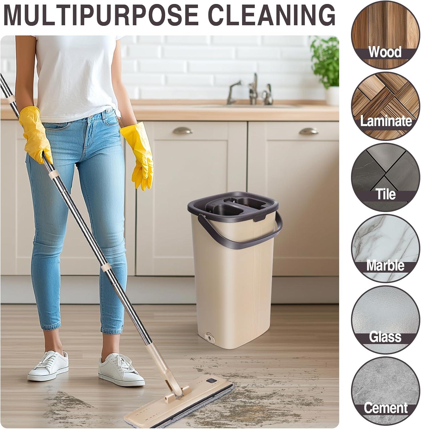 Bodenwischer Set mit Eimer und 6 Mikrofaser-Pads, 2 In 1 Wischmopp Set für Hartholz Fliesen Laminat