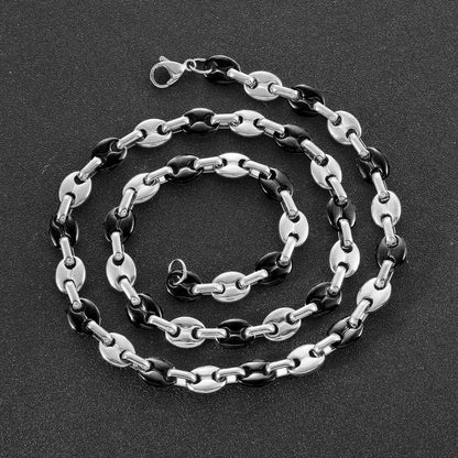 Halskette Armband Set Herren Edelstahl Kaffeebohne Silber Schwarz 56CM