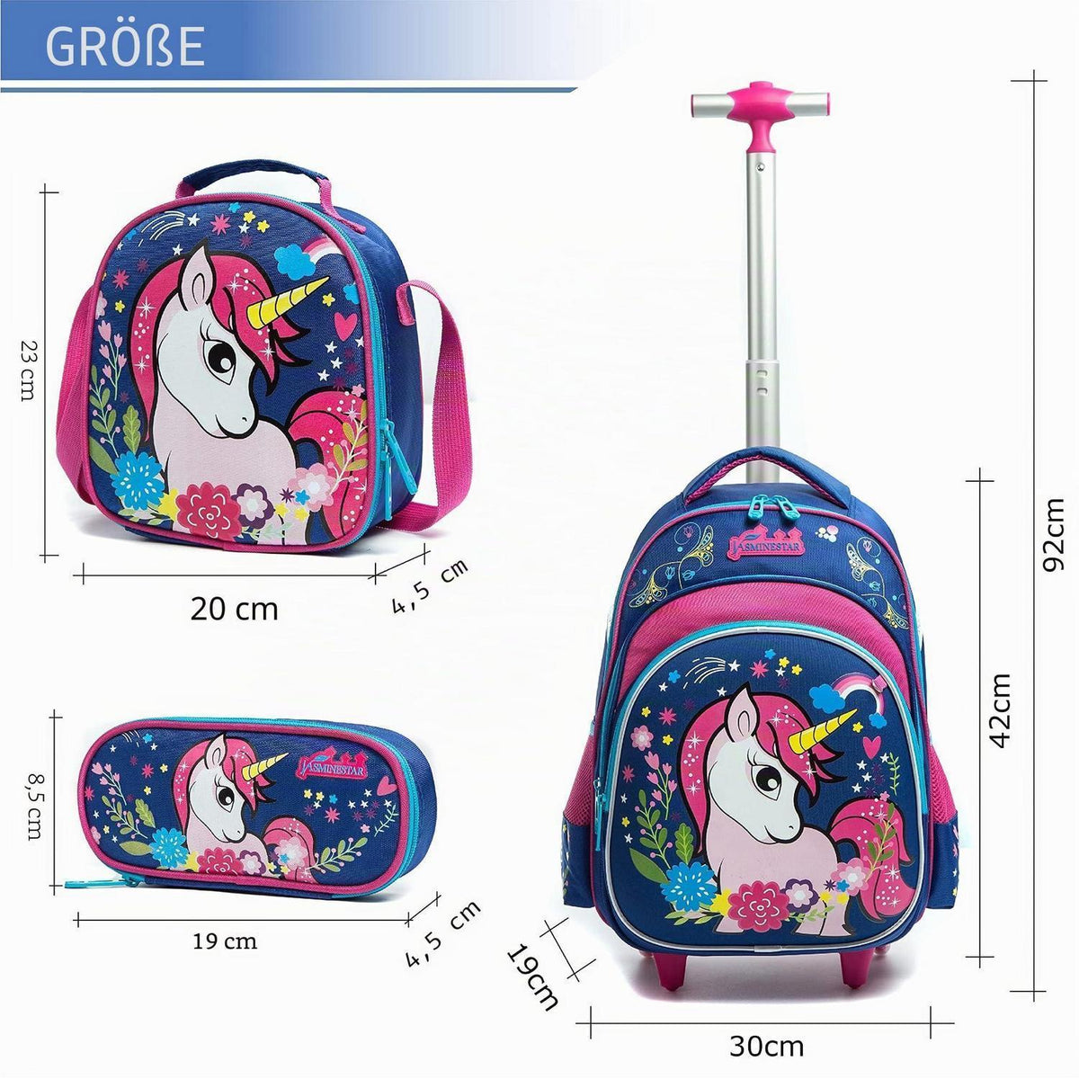 Schultrolley Einhorn mit Set für Mädchen – Rucksack, Lunchbox & Federmäppchen