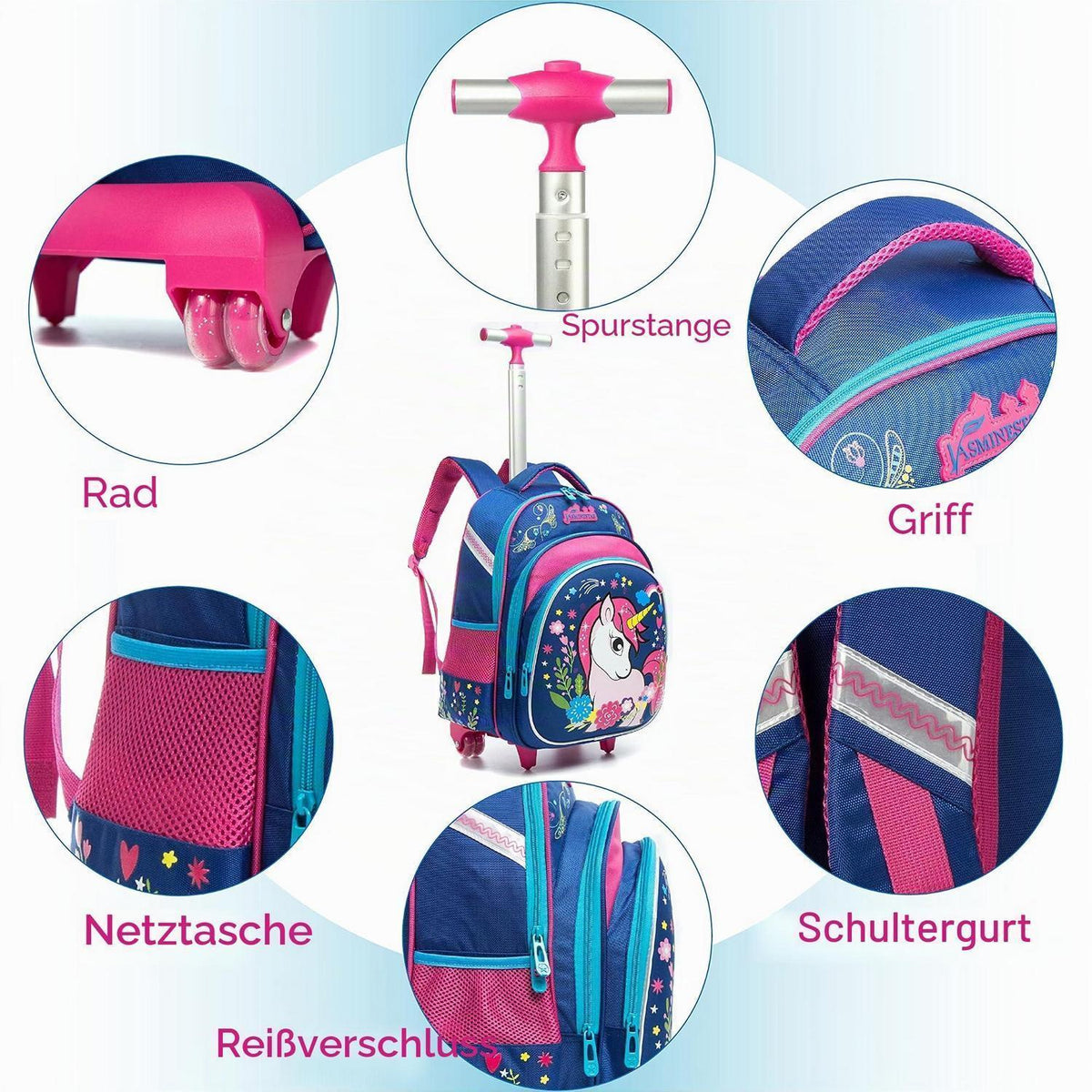 Schultrolley Einhorn mit Set für Mädchen – Rucksack, Lunchbox & Federmäppchen