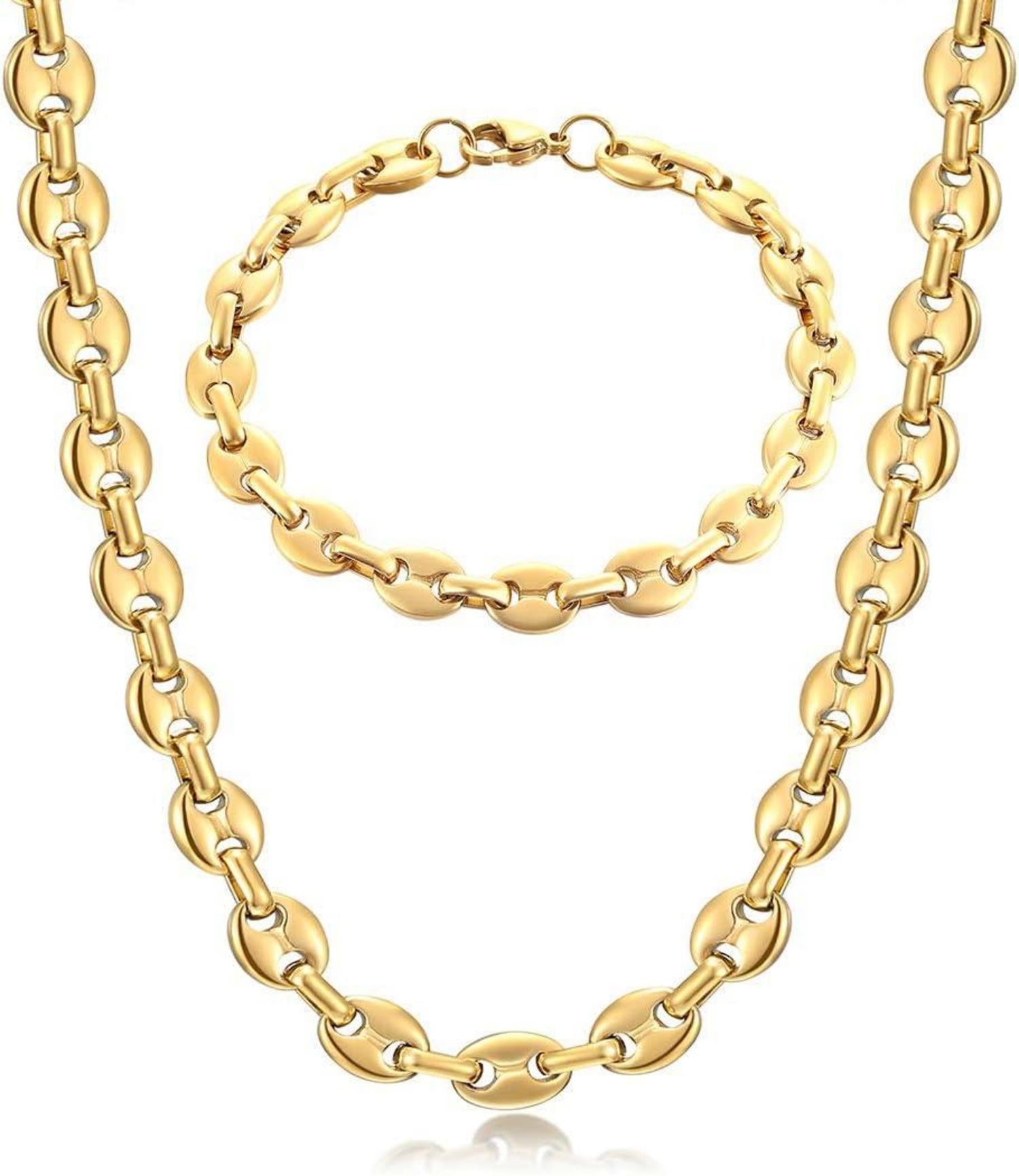 Edelstahl Halskette & Armband Set 6/9/11mm Kaffeebohne für Herren
