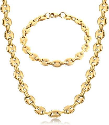 Edelstahl Halskette & Armband Set 6/9/11mm Kaffeebohne für Herren