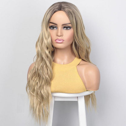 Blonde Lockenperücke Damen Lang Wavy Ombre Perücke mit Haarnetz