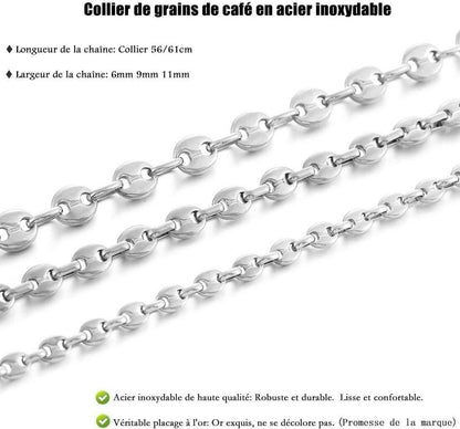 Herren Edelstahl Kaffeebohnen Halskette 6/9/11mm Silber