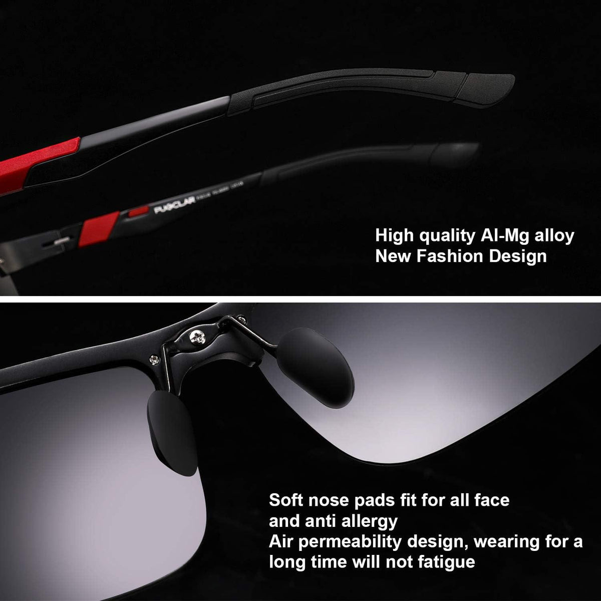PUKCLAR Herren Sonnenbrille Polarisierte Sportbrille Al-Mg Metall Cat 3 Schwarz/ Grau