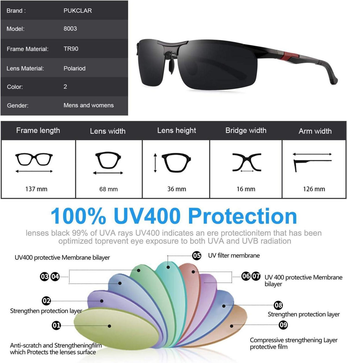PUKCLAR Polarisierte Sport-Sonnenbrille Herren Al-Mg Metall Cat 3