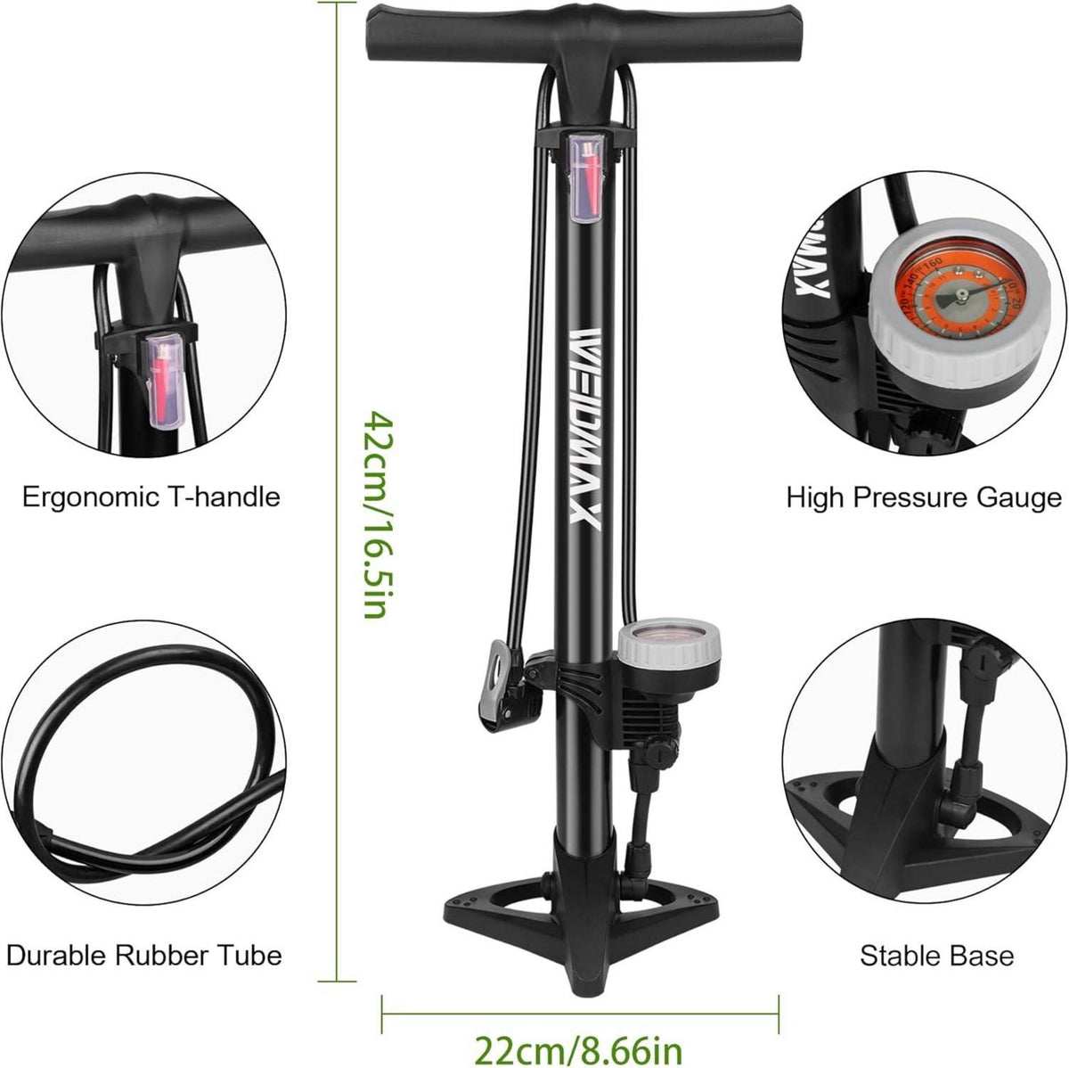 Hochdruck Standpumpe Fahrradpumpe mit Messgerät, Ventilkopf, 160 psi